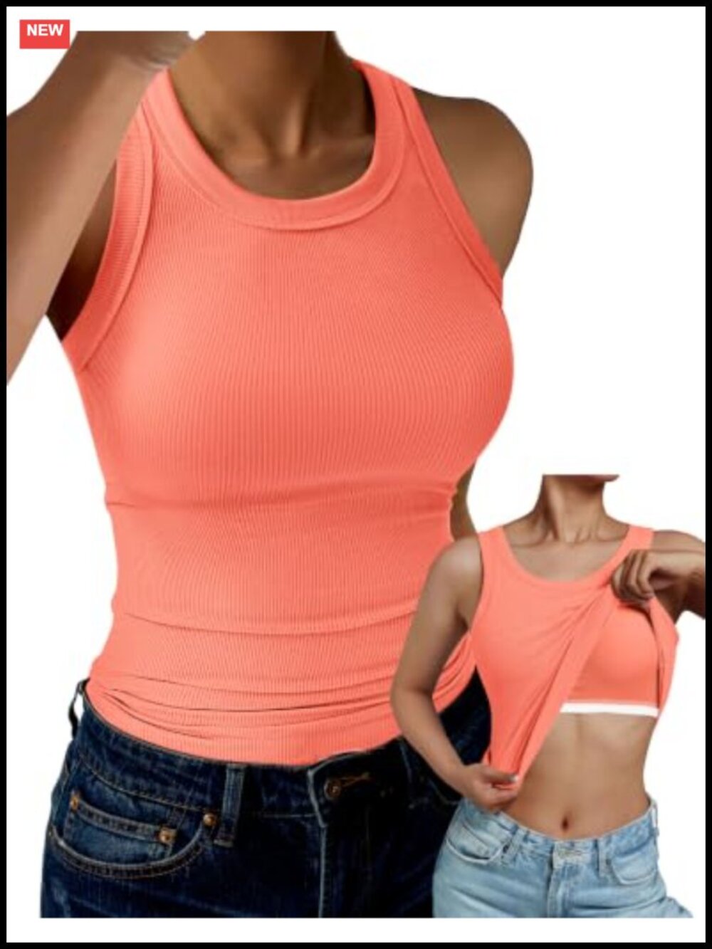 Women Ribbed Tank Top Built in Bra High Neck Racerback Fitted